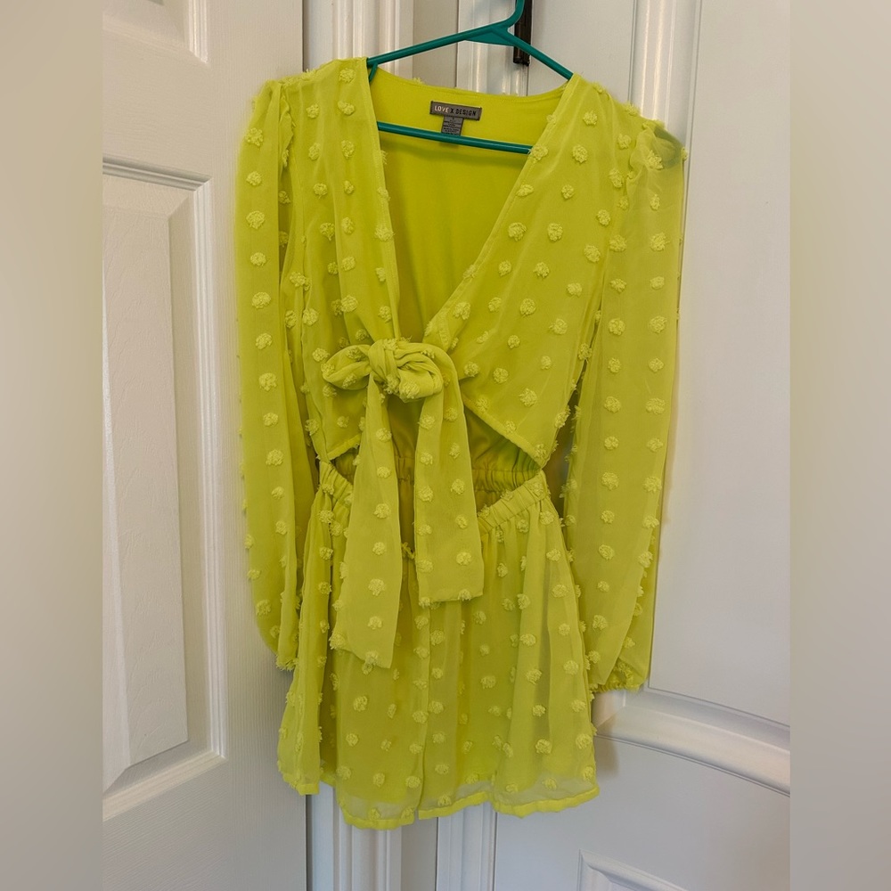 Chartreuse yellow Long Sleeve Short Jumpsuit/Romper. W/front tie! Super Cute!